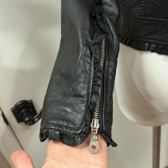 ❌Kenna-t Black Soft Leather Bomber Biker Moto Jacket Ruffle Leopard Lining Small - Picture 9 of 14